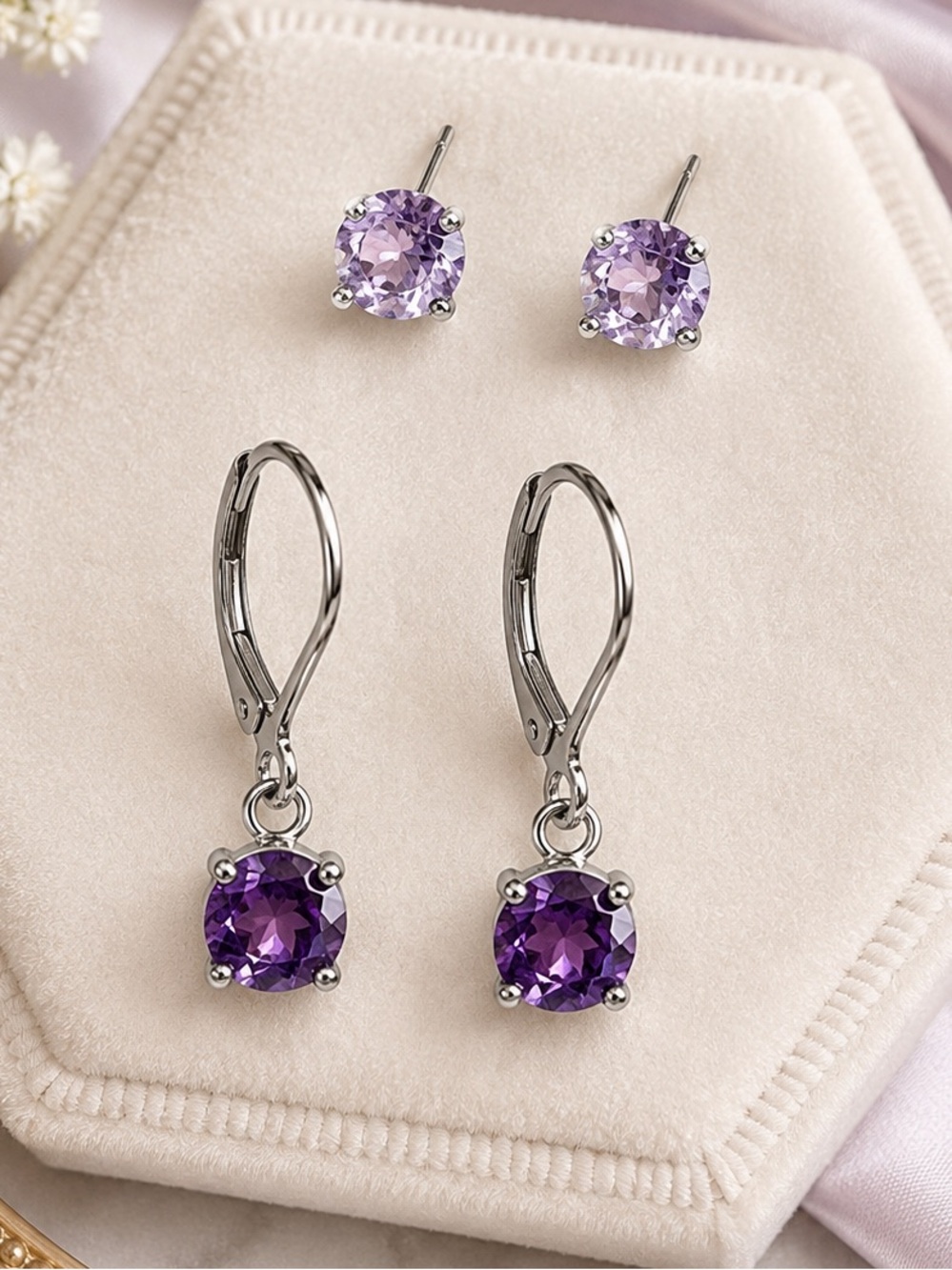 NEW Two Pairs Amethyst Purple Crystal Gems Stainless Steel Earrings